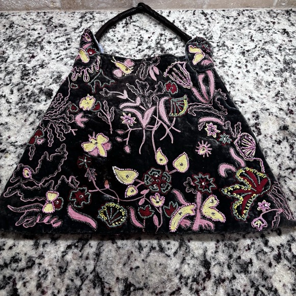 Chan Luu Velvet Silk Embroidered Beaded Bag W/ Leather Handle, Boho Luxurious - Picture 7 of 16